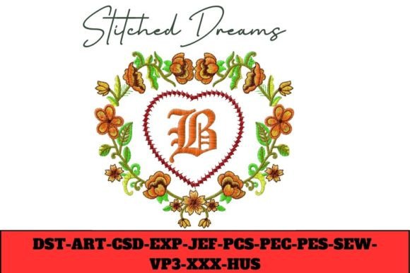 Floral Heart Letter B Embroidery Design for Boutique Apparel