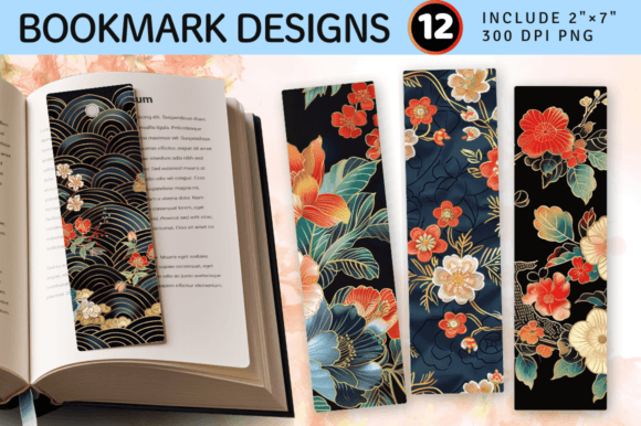 Japanese Floral Embroidery PNG Bookmark for Holiday Collections